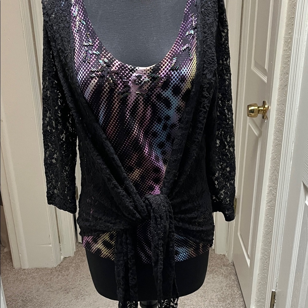 Alberto Makali Black Multicolor Animal Print Top with Lace Sleeves Size Medium - Picture 4 of 6